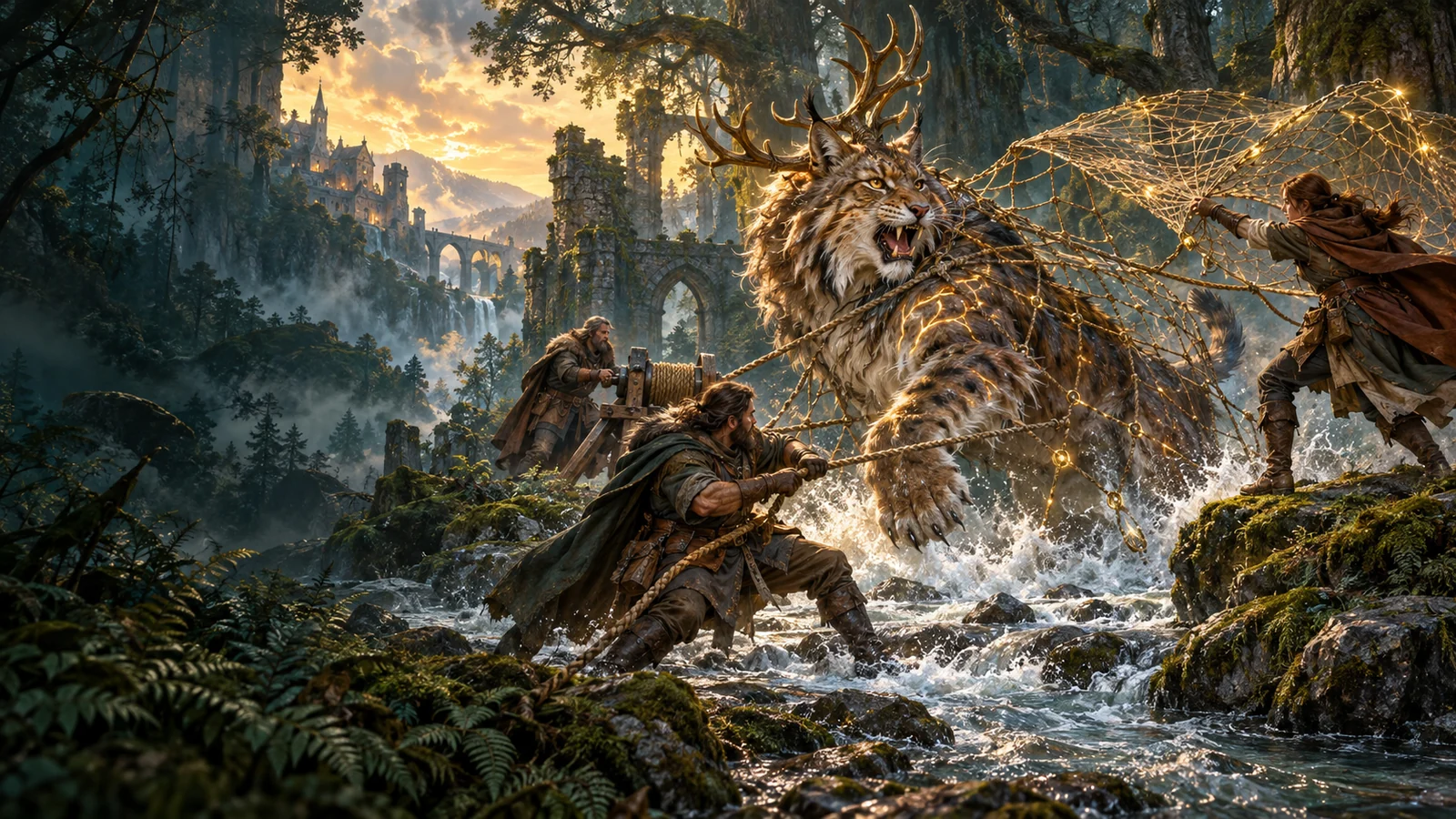 Three trappers cast a glowing capture net and brace their ropes against a towering, antlered mythical guardian in an ancient forest.