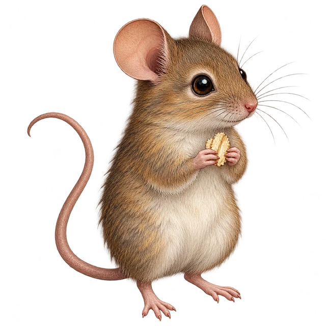 A house mouse with a crumb